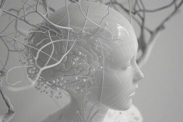 Obraz premium Monochrome head with neural connections representing advanced technology and digital connectivity in a futuristic setting