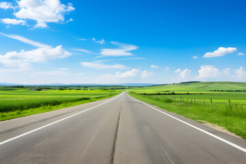 A Lone Achingly Empty Tarmac Road Cutting Through Vast Countryside Fields Under Clear Blue Sky: A Visual Metaphor for Solitude and Tranquillity