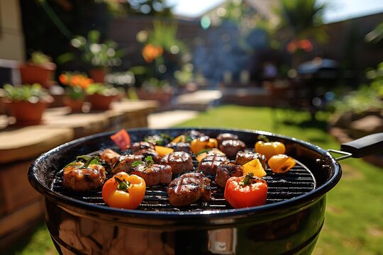 vibrant photo of friends and family gathered around a grill in a sunny garden, enjoying a summer BBQ picnic filled with delicious food and laughter.