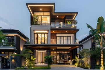 Fototapeta premium Beautiful modern house exterior with grass field Modern residential district