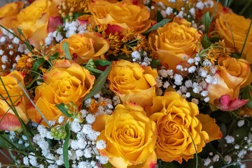 Vibrant Yellow Rose Bouquet with Baby's Breath