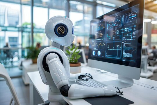photo of a robot typing on a computer in a modern workspace, showcasing digital automation and futuristic technology in the workplace.