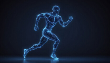 Obraz premium Blue glowing wireframe of an athlete running, a digital concept for sports training & exercise health care or fitness activity in the style of technology created with Generative AI