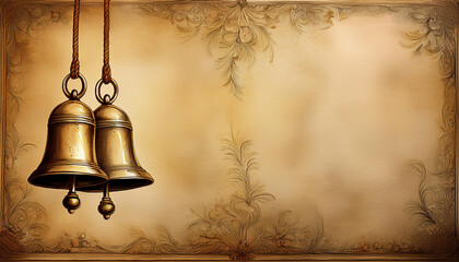 Christmas and New Year background with golden bells and decorations. Copy space.