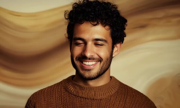 Medium shot portrait of a Brazilian man in his 30s in an abstract background wearing a cozy sweater