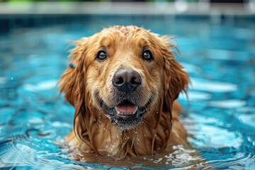 Underwater Photo of Golden Retriever Joyfully Playing and Jumping in Swimming Pool - Summer Family Activity Concept