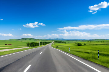 A Lone Achingly Empty Tarmac Road Cutting Through Vast Countryside Fields Under Clear Blue Sky: A Visual Metaphor for Solitude and Tranquillity