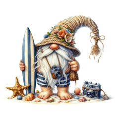 A whimsical gnome with a surfboard, camera, and beach accessories, ready for a fun day at the seaside.