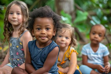 group of toddler kids from different cultural backgrounds sitting together and smiling.