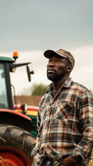 Naklejka premium A man wearing a plaid shirt stands in front of a tractor