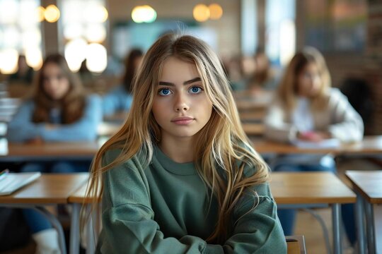young female student sitting attentively at her desk in a university classroom during a lecture.