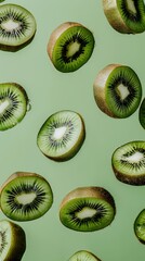 Fototapeta premium Fresh kiwi slices floating on a minimalist green background