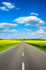 A Lone Achingly Empty Tarmac Road Cutting Through Vast Countryside Fields Under Clear Blue Sky: A Visual Metaphor for Solitude and Tranquillity