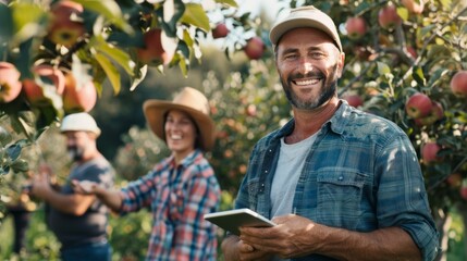 Fototapeta premium A man is smiling and holding a tablet while standing in a field of apples
