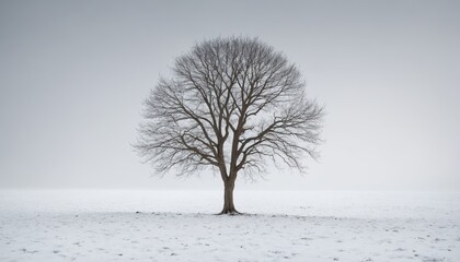 Fototapeta premium A solitary tree stands majestically in a snow-covered field at dawn