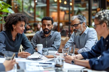 group of diverse professionals engaged in a collaborative office meeting, discussing strategic planning and brainstorming ideas to drive innovation and productivity in their business.