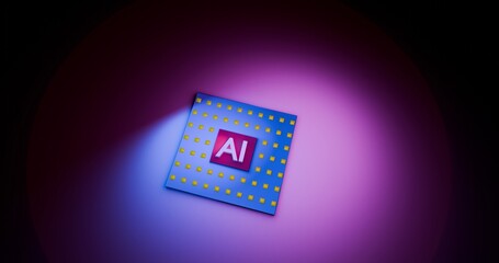 ai chip on blue and purple spotlight, ai dark side, ai being misused and being potentially dangerous concept, evil ai concept. cyber security and ai powered cyber threats concept