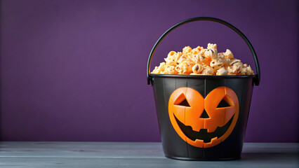 bucket of popcorn shaped like a Jack-O-Lantern pumpkin, Halloween, autumn, decor, October 31, cinema, snack, food, trick-or-treat, scary, all saints day, decorative, background