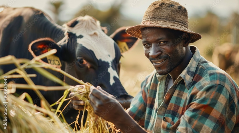 Poster a man is smiling while feeding a cow