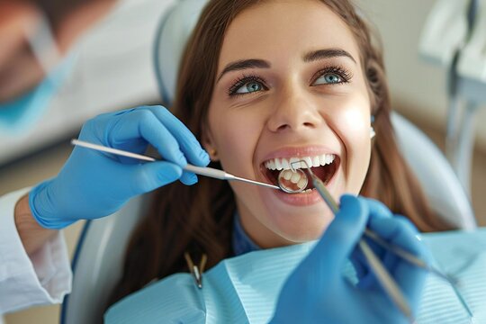 Woman receiving dental check-up from professional dentist with clean white teeth and a bright smile at a clinic.