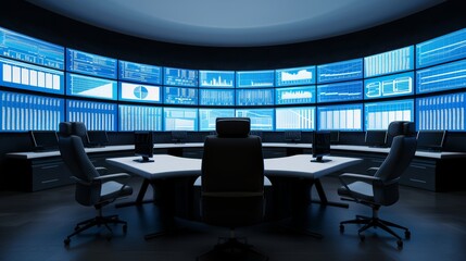 A smart city control center, monitoring energy usage and green technology systems, with copy space, high-resolution photo, hyper realistic