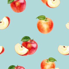 Fresh Watercolor Apples Set Against a Light Blue Background A Beautiful Seamless Pattern Design