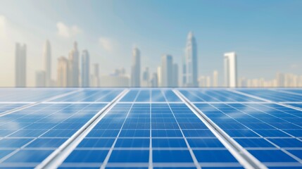 Naklejka premium Rooftop solar panel installation by a technician, urban setting, promoting green energy and renewable resources, clear weather, cityscape background, high-resolution photo, hyper realistic