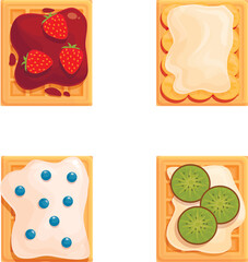 Vector illustrations of toasts with chocolate, butter, cream cheese, and kiwi toppings