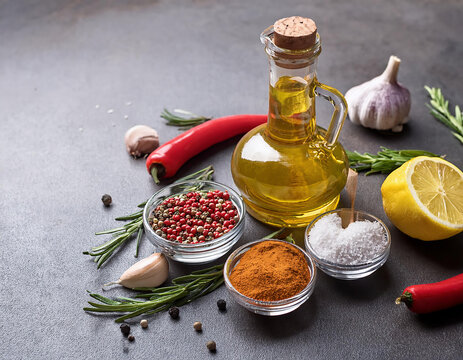 Spices, lemon, onian, olive oil bottle, red chili peppers, garlic, rosemary and herbs on grey background. Food and cuisine ingredients.