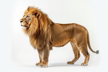 Obraz premium Powerful lion standing with flowing mane on white background