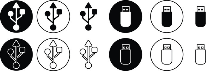 USB icon set. Flash disk flash drive flat and line black vector collection isolated on transparent background. Internet video. Console media storage, Computer Technology, charger, data transfer sign.