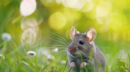 Cute Little Mouse in a Green Meadow