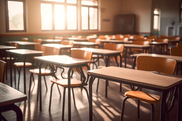 Fototapeta premium A classroom with desks and chairs and a whiteboard.