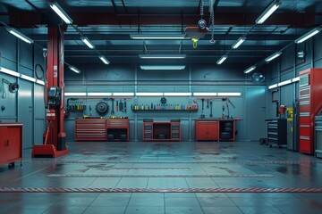 Modern auto repair shop interior with empty car lift waiting for mechanic