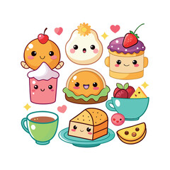 Vector Kawaii Breakfast collection Clipart illustration On a White Background