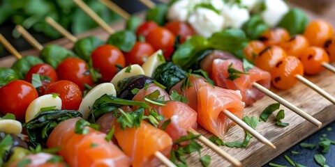 A wooden board with skewers of food on it, including salmon, tomatoes, and basil. The skewers are arranged in a colorful and appetizing manner, making for a visually appealing and delicious meal