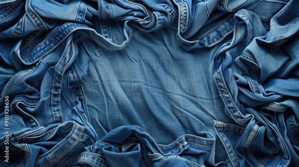 Poster denim backdrop with jeans texture in abstract style and space for text overhead view