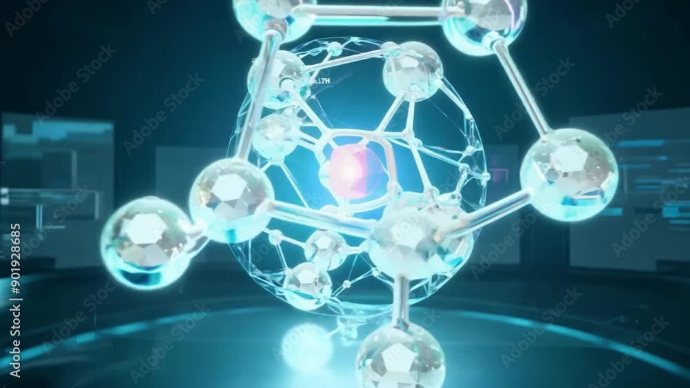 Aufkleber a 3d holographic model of an atom is displayed in a futuristic laboratory setting.