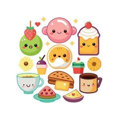 Vector Kawaii Breakfast collection Clipart illustration On a White Background