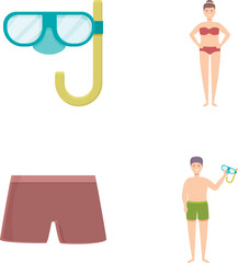 Illustration set featuring swim goggles, swimwear, and summer beach essentials
