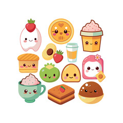 Vector Kawaii Breakfast collection Clipart illustration On a White Background
