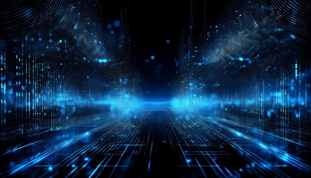 Shiny blue coding on black background with copy space. Generated image