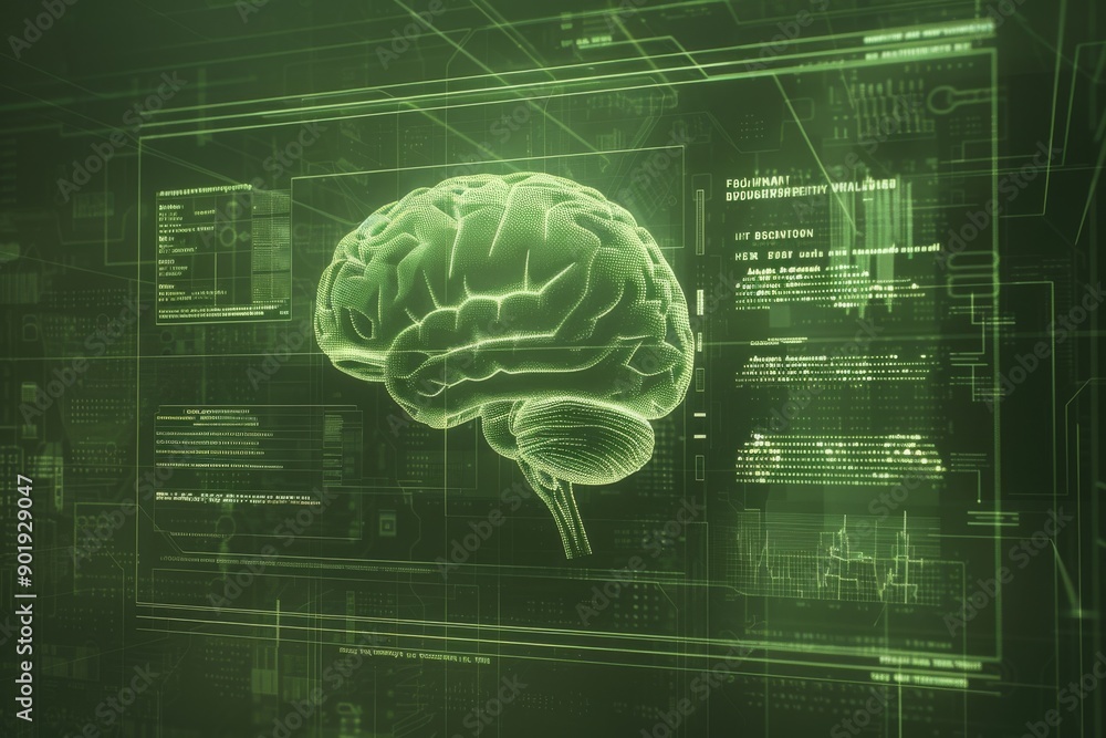 Poster digital brain interface on a green holographic screen representing advanced technology and connectiv