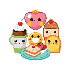 Vector Kawaii Breakfast collection Clipart illustration On a White Background