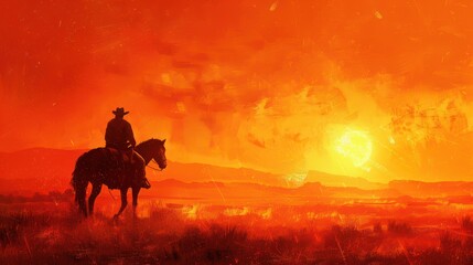 A lone cowboy and his trusty steed, silhouetted against the fiery orange hues of a desert sunset.