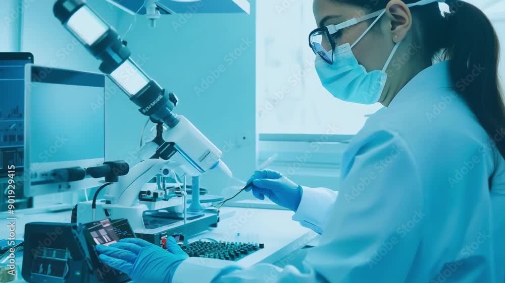 Poster a scientist wearing a lab coat and gloves operates a microscope in a sterile laboratory environment.