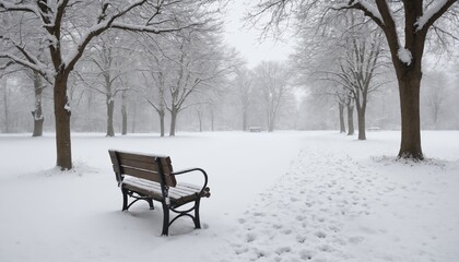Serene winter landscape featuring a snow-covered park bench amidst falling snowflakes in a quiet urban area