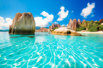 The picturesque beaches of the Seychelles. Vacation paradise.