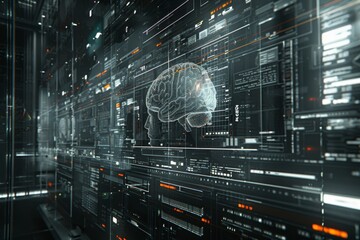Fototapeta premium High tech brain interface in a digital matrix representing advanced technology and neural connectivity