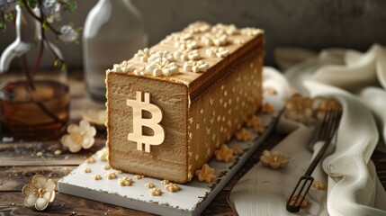 Rectangular cake decorated with bitcoin symbol for cryptocurrency enthusiasts